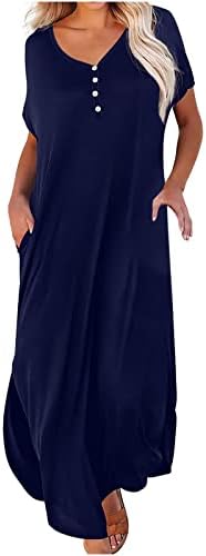 שמלות מקסי של קיץ LMDUDAN לנשים שמלות כיס צבע אחותי אופנה שרוול קצר שרוול V כפתור צוואר חוף שמלות