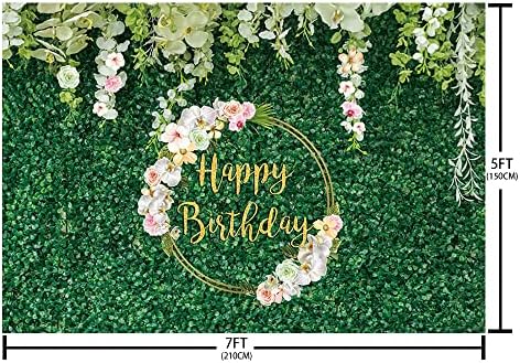 AIBIIN 7x5ft זהב זהב יום הולדת שמח תפאורה של ילדה אשה דשא ירוק קיר ורוד פרחים פרחים פרחים פרחים רקע