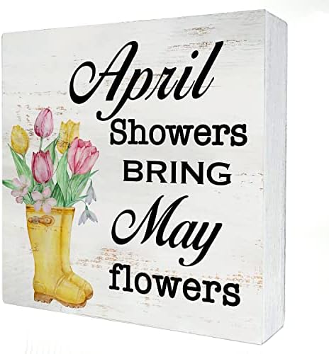 אפריל מקלחות להביא עשוי פרחי עץ תיבת סימן בית תפאורה כפרי אביב ציטוט עץ תיבת סימן בלוק פלאק עבור