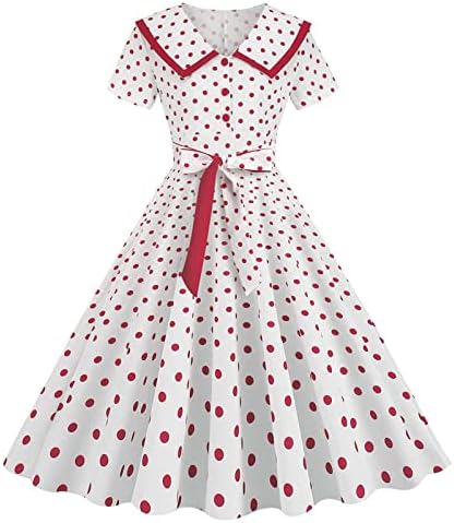 שמלת מסיבות וינטג 'לנשים פולקה דוט כפתור שמלת קוקטייל דש קשת המותניים המותניים שמלת נדנדה אלגנטית שמלות קו