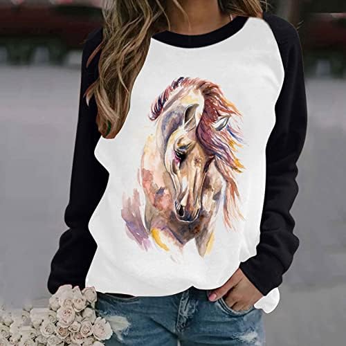חולצת הדפסת סוסים חמודה לנשים רגלן שרוול ארוך טי טיי מזדמן