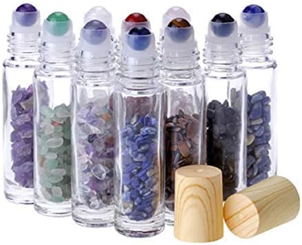 10 יחידות 10 מל טבעיות חצי-יקרות חצי-יקרות בקבוקי רולר שמן אתרים בקבוקי גלגל-און אבן חן עם כובעי עץ וצ'יפס