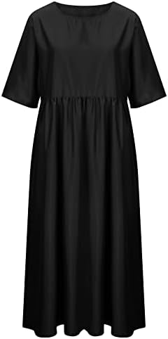 נשים של 2023 קיץ שמלות מזדמן רגיל צוות צוואר אמצע שרוול רופף זורם מקסי חוף שמלה עם כיס