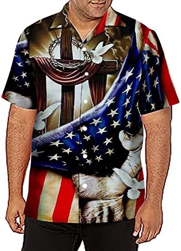 2023 חולצת גברים חדשה קיץ תלת מימד הדפס יום עצמאות יום דגל אמריקאי כפתור שרוול קצר מזדמן שזוף שרוול ארוך