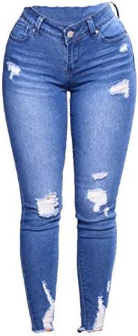 נשים למתוח קרוע סקיני התחת מעלית ג 'ינס רזה בכושר מזדמן במצוקה ג' ינס מכנסיים עם רוכסן כיס
