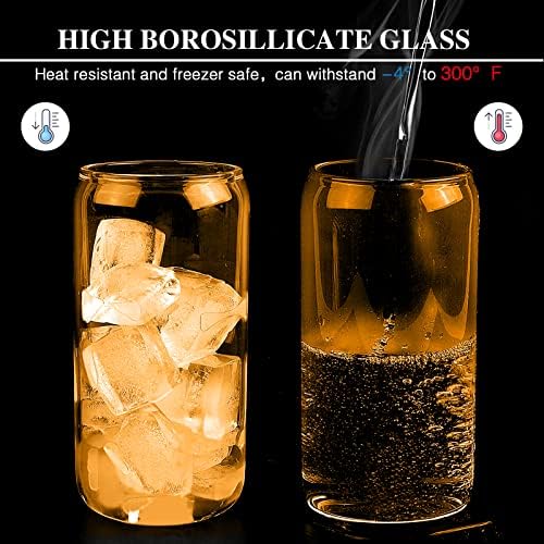 כוסות זכוכית רב צבעוניות עם מכסי במבוק וקש זכוכית, 4 יחידות כוסות זכוכית בצורת פחית 16 אונקיות, כוסות בירה, כוסות