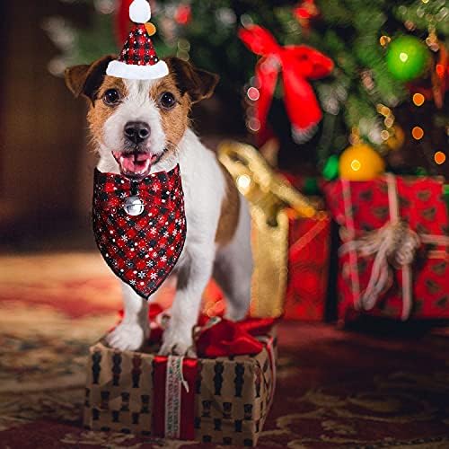 חג המולד פתית שלג כלב בנדנה תלבושות, חג המולד קלאסי משובץ פתית שלג כלב בנדנה צעיף כובע עניבת פרפר עם פעמון