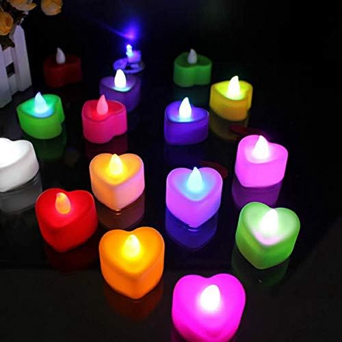 24 יחידות צורת נרות אלקטרונית בצורת לב רב -צבעוני LED נרות חסרי תקע קל מתנה ולנטיין אורות דקורטיביים רומנטיים