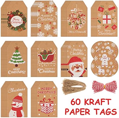 שקיות מתנה לחג המולד, 50 × שקיות משיכה גדולות למתנות, תגי נייר 60 × קראפט וקשרי סרט 2 × 390in, 8 × דפוסים