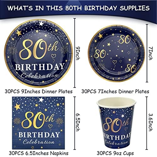 קישוטים ליום הולדת 80 צלחות ומפיות כחול וזהב, שירות ל -30, צרור מסיבת יום הולדת 80 כולל צלחות כחולות