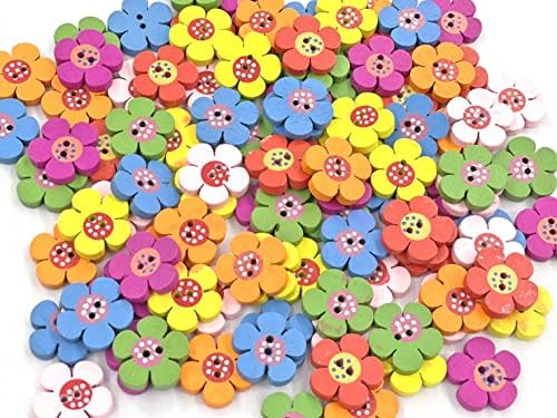 Amornphan 18 ממ חבילה של 100-צורת פרחים 2 חור צבע מעורב כפתורי עץ צבועים דפוס פרחוני דפוס פרחוני מדפיס