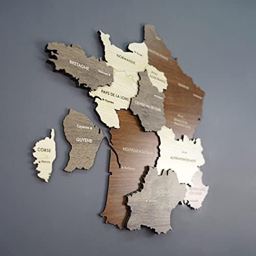 עולמות צבעוניים מרובת שכבתי עץ 3D מפת צרפת, מתנה לצרפתית, עיצוב קיר עץ צרפת, מפה למטייל