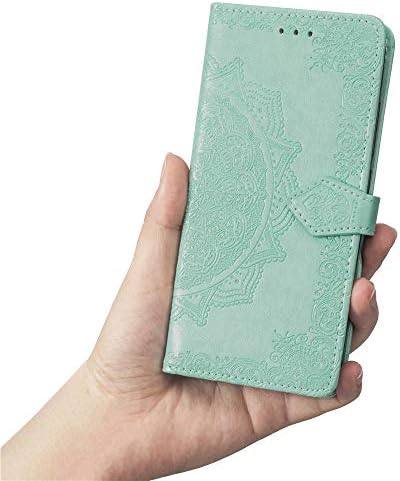 תיק ארנק לאייפון מנדלה ירוק, תיק הפוך לאייפון עם מחזיק כרטיס, כיסוי טלפון דמוי עור פרח מובלט עם מעמד מגנטי