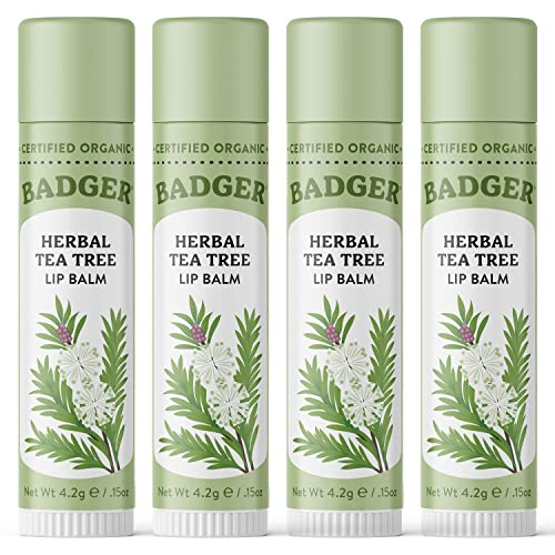 Badger - Balm צמחי מרפא, עץ תה ולימון, שפתון אורגני מוסמך, סחר הוגן, טיפול בשפתיים צמחיות, 0.15 גרם