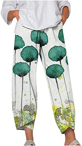 מכנסי קאפרי של תשובה לנשים כותנה פשתן רגל רחבה קפריס הדפס קיץ מכנסיים קצוצים חוף מותניים אלסטיים מכנסי יבול