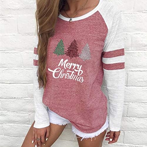 החג שמח חולצה לנשים משובץ עץ צבע בלוק חג המולד פסים הדפסה ארוך שרוול למעלה חולצה