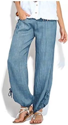 מכנסי פשתן כותנה לנשים, בתוספת סגירת כפתור רופף מזדמן סגירת מכנסי רגל רחבים נמוכים מכנסיים רחבים לנשים
