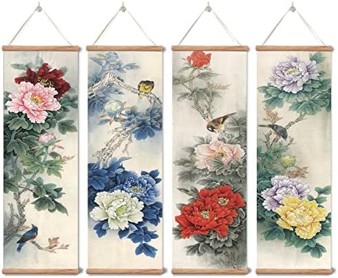 ציור פרחי אדמונית של אדמונית, אמנות קיר לחדר שינה בסלון, ציור קפדני מסורתי סיני, פוסטרים והדפסה, 4 חלקים קבועים
