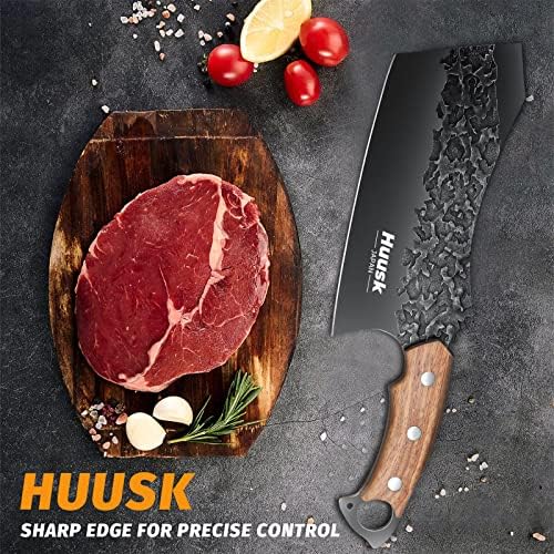 סכין קליבר בשר Huusk עם נדן, מזויף סכין קצב טנג מלא לחיתוך בשר חיתוך סכין ויקינג שחור לירקות סכין