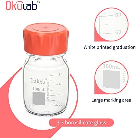 OKULAB 6 יחידות של בקבוקי אחסון מדיה עגולים של 100 מל, 3.3 זכוכית בורוסיליקט, עם כובעי בורג GL45 ב- PP Materia,