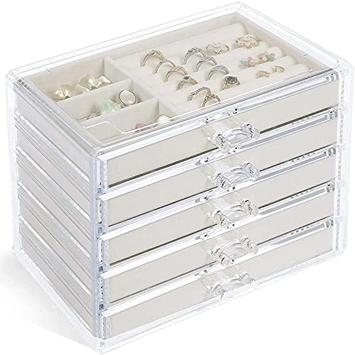 קופסת אחסון תכשיטים של JBTG, קופסת תכשיטים אקרילית, עם 5 מגירות, ארון תצוגה של קטיפה לאחסון עגילים, טבעות,