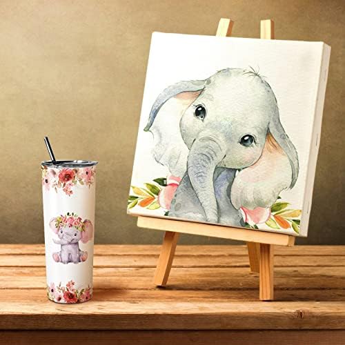 Ceovfoi פיל חמוד כוס עם מכסה וקש, 20 גרם גביע פיל בצבעי מים, פיל ופרחים מבודדים פרחוניים, רק