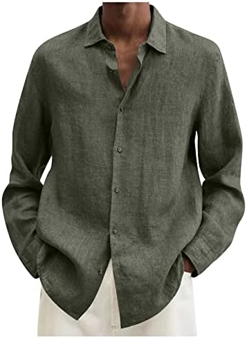 כותנה פשתן חולצה לגברים, ארוך שרוול כפתור למטה חולצה קל משקל חולצה מוצק מזדמן לנשימה למעלה