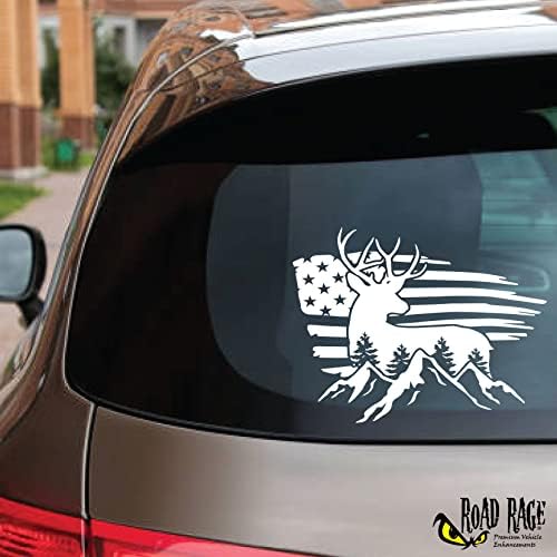 מדבקות רכב פרימיום של RAGE PREMIUM - דגל אמריקאי צבי באק והרים מדבקה - מכונית, משאית, מחשב, קיר, כל משטח חלק