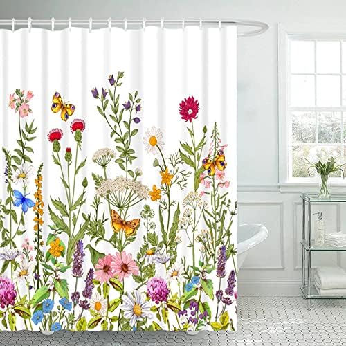 וילון מקלחת פרחוני באביב, עלים ירוקים וילון מקלחת פרחי בר דייזי, וילונות מקלחת פרפר בוטניים לחדר