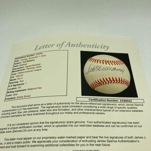 מנטה טד וויליאמס החתימה את הבייסבול הרשמי של הליגה האמריקאית JSA COA - כדורי חתימה