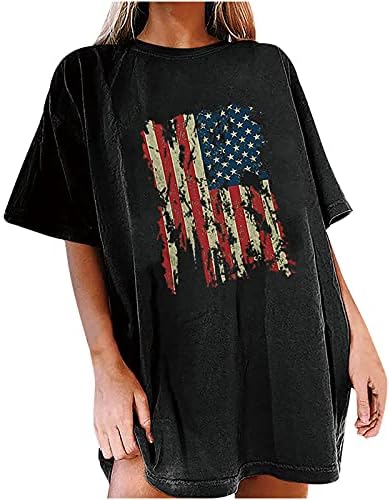 חולצות 4 ביולי לנשים רופפות דגל אמריקאי מזדמן מודפס עם צווארון שרוול קצר חולצה קצרה
