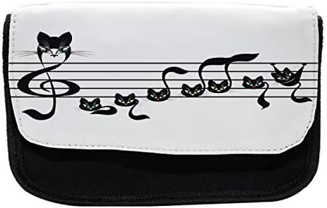 מארז עיפרון מוסיקה לונאליי, תווים וחיות חתלתולים, תיק עיפרון עט בד עם רוכסן כפול, 8.5 x 5.5, שחור לבן