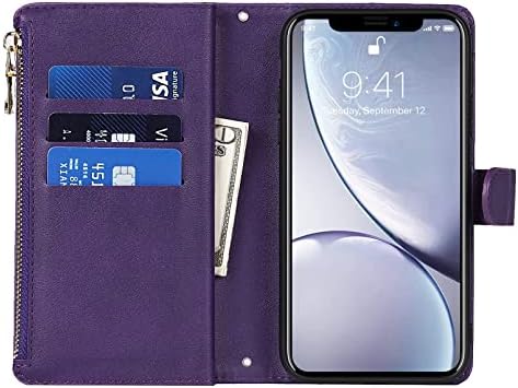 תיק עור רוכסן ארנק עם חריצים מחזיק כרטיס כיסוי מגן קרוסבודי & שרוך מקרה תואם עם אייפון 6.1 אינץ סגול