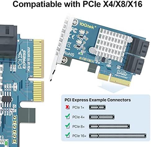 10GTEK PCIE SATA CARD 4 יציאה עם 4 כבלי SATA וסוגר פרופיל נמוך, 6GBP
