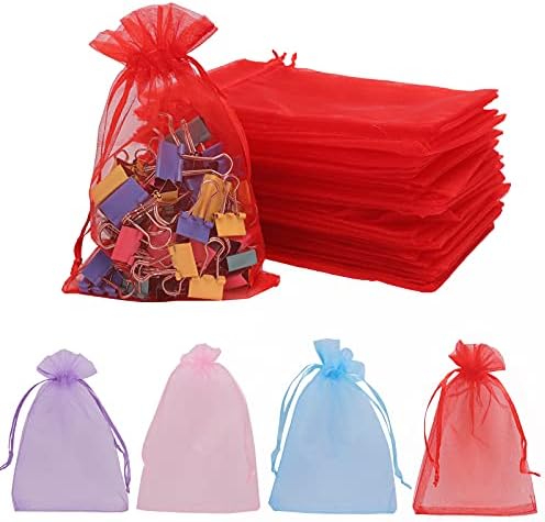 לודאטו 100 יחידות 4 איקס 6 שקיות מתנה אורגנזה אדומות עם שרוך, שקיות תכשיטי ממתקים קטנות שקיות שרוך למתנות