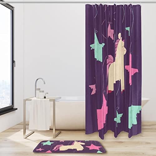החלקה מיקרופייבר אמבטיה מחצלת עם בד מקלחת וילון סט, חד קרן וצבעוני כוכבים אמבטיה שטיח מחצלת מקלחת