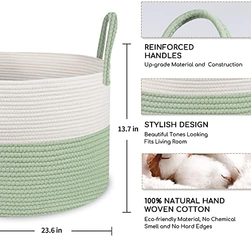 MXMHOME ירוק זריקת סל שמיכה, 21.6 x 21.6 x 13.7 אחסון שמיכה גדול לסלון, סל חבלים ירוק, סל כריות,
