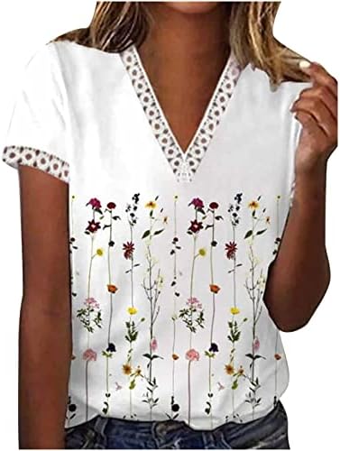 2023 חולצת קיץ לנשים תחרה תחרה לקצץ סרוגה מודפסת שרוול קצר חולצות צוואר V