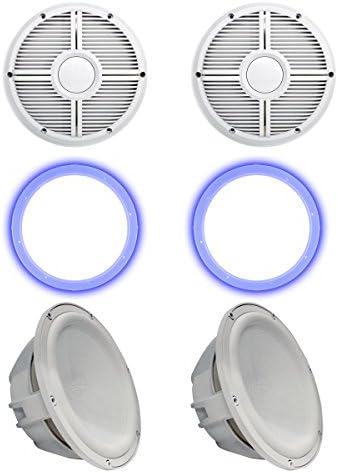 צלילים רטובים שני סאב וופרס, גריל וטבעות LED של RGB - סאב וופרס לבן ופנים סגורות לבנות XW גריל - 4 אוהם