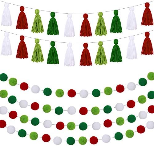 6 חלקים באנר חג המולד תליית קיר דקורטיביים כוללים 4 חתיכות פום פום כדור כדור ו -2 חתיכות ציצית גרלנד
