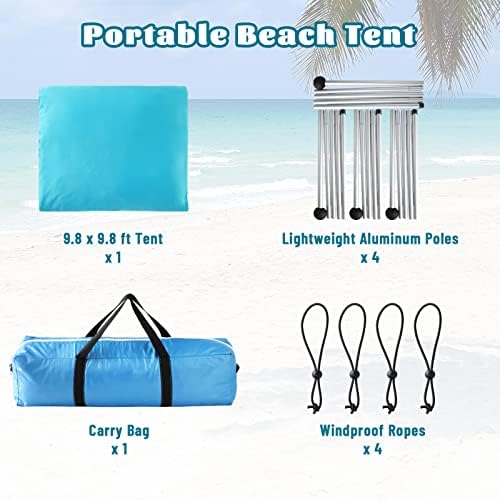 אוהל חוף - חוף חוף upf 50+ הגנה על UV, 9.8 x 9.8 רגל, גוון חוף אנטי -רוח עם 4 חבלים אטומים לרוח, 4 קטבים, 1 תיק