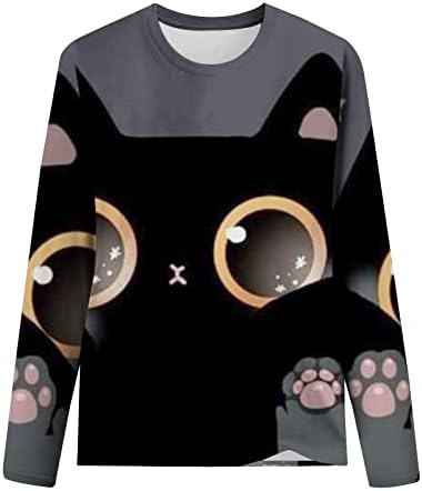 חתול מודפס חולצות לנשים ארוך שרוולים חולצות רך קל משקל סוודר מזדמן רופף מצויד חולצה טיז אביב