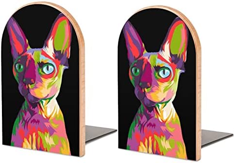 צבעוני ספינקס חתול פופ אמנות עץ ספר מסתיים 2 יחידות החלקה עץ תומכי ספרים עבור בית משרד דקור כבד