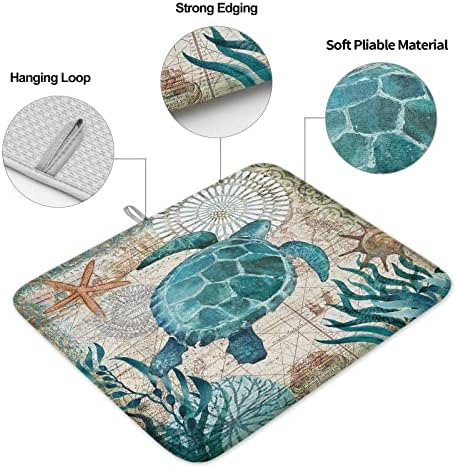 מחצלות ייבוש כלים של צב ים לדלפק מטבח, שטיח מייבש/מתלה סופג מיקרופייבר בצבעי מים של בעלי חיים באוקיינוס,
