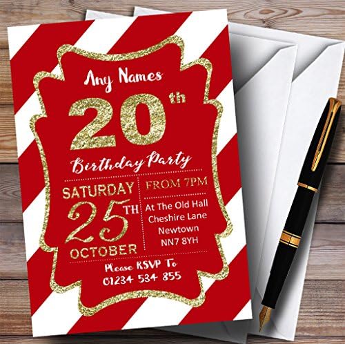 פסים אלכסוניים לבנים אדומים זהב הזמנות למסיבת יום הולדת 20 בהתאמה אישית