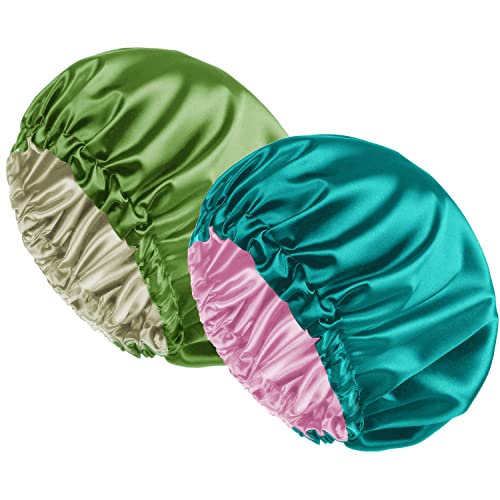 2 חבילה סאטן מצנפת שינה מצנפת כובע - שכבה כפולה הפיך מתכוונן סאטן כובע עבור, כפול שכבות מפואר משיי סאטן