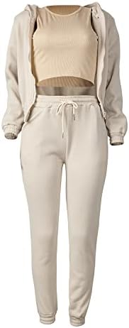 נשים 3 חלקים תלבושת בצבע אחיד גופיית יבול וז'קט ברדס עם רוכסן עם מכנסי טרנינג ארוכים קובע אימונית