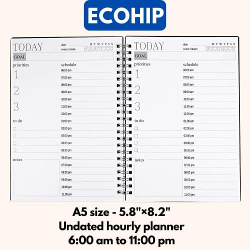 Ecohip 6 Pack A5 סדר יום יומי ביום המתכנן ללא תאריך מתכנן לפי שעה 100 עמודים מחברת ספירלה פרודוקטיביות