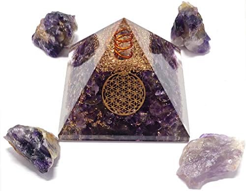 פירמידה של קריסטל אורגונה של אמטיסט עם סמל פרח החיים ו -4 חתיכות ערכת אבן גסה גולמית טבעית להגנה על אנרגיה חיובית