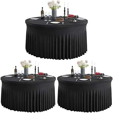 אריזת 3 חבילה סטרץ 'שולחן עגול שחור עבור 48 בשולחנות, מוטת שולחן עגולה ומותחתת למסיבת חתונה, קמטים